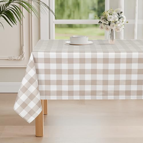 DWCN Karierte Tischdecke Outdoor Abwaschbar 140x200cm Wetterfest Fleckschutz Wasserdicht Tischdecke für Draußen Picknick Esszimmer Garten Party Hochzeiten, Khaki und Weiß