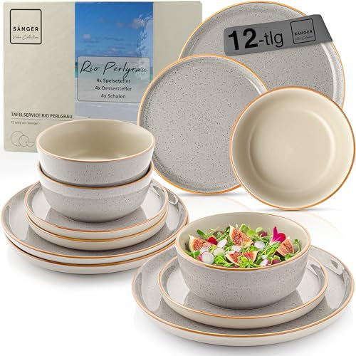 SÄNGER VALUE COLLECTION Rio Service de table 12 pièces en faïence pour 4 personnes, 4 assiettes plates, 4 assiettes à dessert, 4 bols et bols gris, collection Value