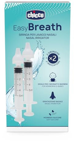Chicco Easy Breath Siringa Nasale, dispositivo monouso per il lavaggio profondo delle cavità nasali del bambino, Contiene 2 siringhe da 5 ml e 2 olive nasali in silicone, 0m+