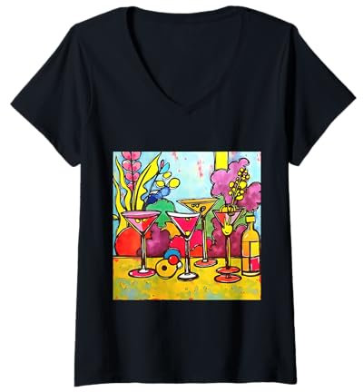 Womens Martini Glasses And Summer Flowers Black Outline Art V-Neck T-Shirt
