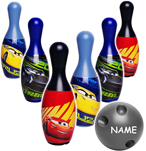 alles-meine.de GmbH XL - 7 TLG. Set - großes Kegelspiel/Bowlingspiel - Cars/Lightning McQueen - Auto - incl. Name - 19 cm Kegel - aus Kunststoff/Plastik - für Außen + I..