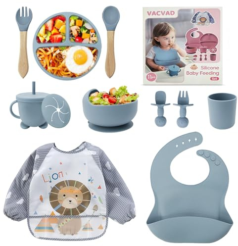 Baby Weaning Set, 11PCS Silicone Baby Plate with Suction Cup, Silicone Baby Bib, Spoon, Fork & Sippy Cup, Baby Tableware - Baby Dinnerware Set, Baby Gifts & Presents (Blue)