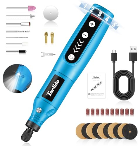 Tarlido Cordless Rotary Tool Kit, 3.7V 2.0Ah Rechargeable Battery, 18000RPM 5-Speed Multi Power Carving Tools, 31Pcs Accessories, Engraving, Sanding, Grinding, Polishing, Carving, Etching, DIY-Blue ﻿