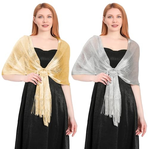 2 Stück Glitzerbolero Damen für Abendparty und Hochzeit, silberne Metallische Wickel