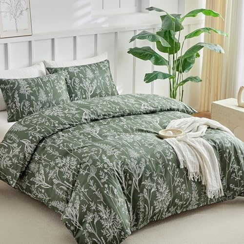 Lekesky Bed Linen 200 x 200 cm, Bed Linen 3-Piece Duvet Cover, Olive Green Sage Pattern, 200 x 200 cm Microfibre Bed Linen Set with Pillowcase with Zip 80 x 80 cm x 2, Olive Green
