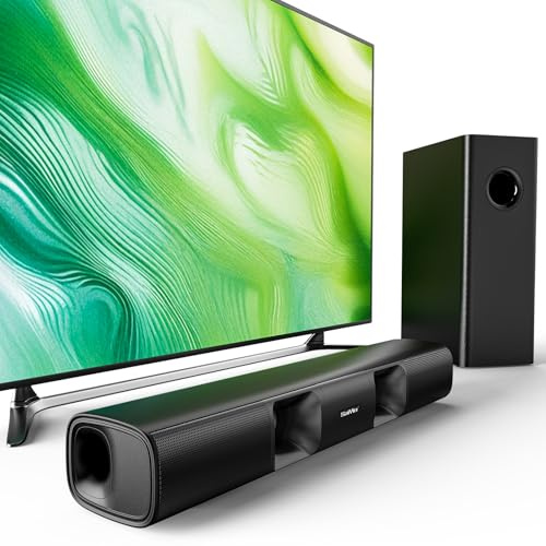 Saiyin Soundbar für Smart TV, 90W Compact Soundbar TV-Lautsprecher mit Subwoofer, 2.1Channel Home Theater Surround Sound System mit knackigen Stimmen und tiefen Bässen für TV PC Projektor