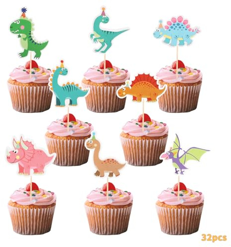 Tortendeko Dinosaurier, 32 Stück Kuchendeko geburtstag, Dinosaurier Cupcake Topper, Dino Geburtstag Deko, Hochzeit Geburtstag Event, Party, Muffin, Kuchen Topper