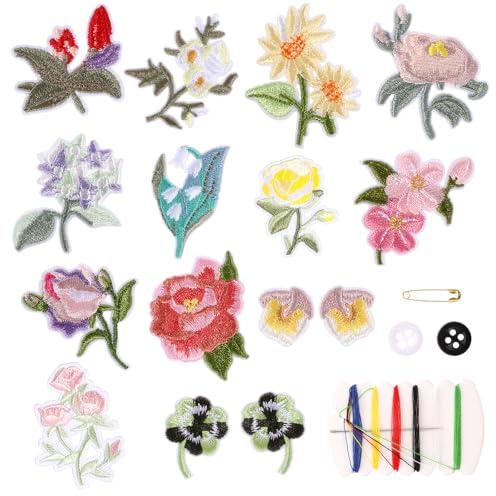 Giantree Lot de 17 écussons thermocollants en forme de mini fleurs - 13 motifs de petites fleurs - À coudre ou à repasser - Pour vêtements, jeans, chapeaux et pantalons