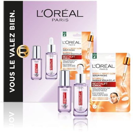 L'Oréal Paris - Coffret Cadeau - Soin Repulpant Sérum Filler Anti-Rides + Sérum Yeux + Masque Visage Éclat à l'Acide Hyaluronique - Pour une Peau Lisse et un Teint Éclatant - Tailles Réelles