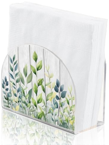 SUPERDANT Servilletero de mesa hoja de eucalipto verde organizador de pañuelos de acrílico soporte de cóctel de papel de grano de madera Accesorios para Casa Restaurante Bar Café