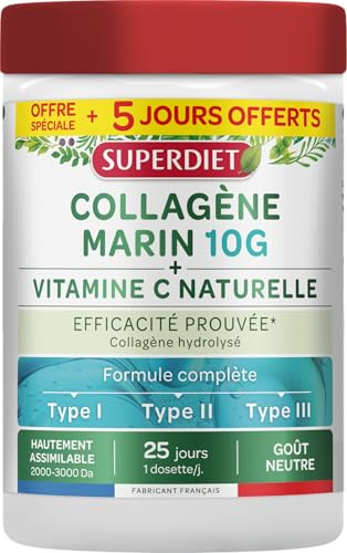 SUPERDIET - COLLAGÈNE MARIN + VITAMINE C NATURELLE - Peau, articulations, muscles - Fabrication française - Poudre 210g + 25%