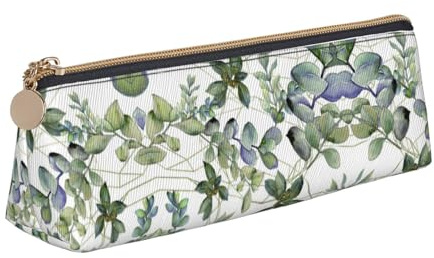 Ghjkfbf Astuccio in pelle con stampa di foglie di eucalipto verde, sacchetto con cerniera per forniture di cancelleria, piccola borsa cosmetica