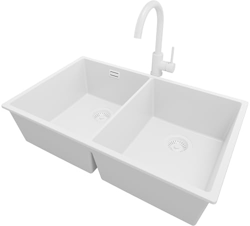 PRIMAGRAN Fregadero bajo Encimera al Mueble 80cm + Grifo, 76x47cm | Set: Grifo BW5010 + Kit de desagüe (sifón, válvula, rebosadero) + London Twin 2 Senos Granito, Todo Blanco