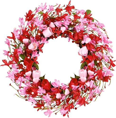 MAINGKAUNG Valentine's Day Wreath 22 Inch Valentines Day Wreaths for Front Door Valentine Door Wreath with Red Berries Pink Forsythia Flowers Red Tulip for Wedding Decor Candlelight Dinner Anniversary