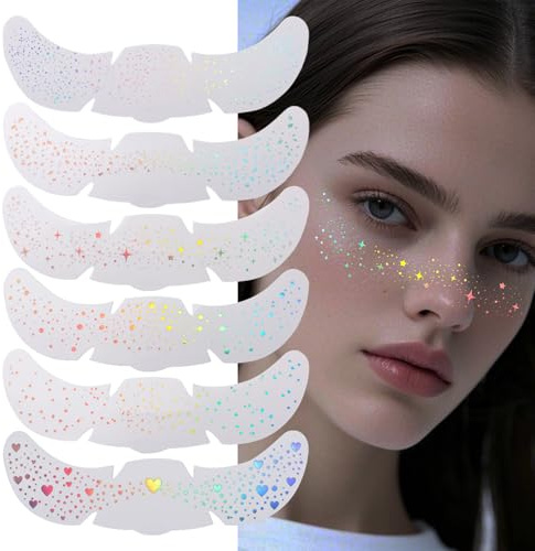 Glitzer Gesicht Sommersprossen Tattoo, 6-Stück Holographische Multichrome Glitter Freckles Gesichtstattoos, Wasserfest, Langanhaltend, Star Glitter Temporäre Tattoos für Halloween Karneval und Partys