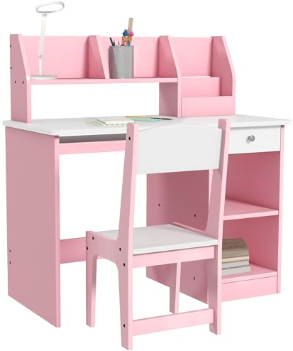 ZONEKIZ Bureau Enfant avec Chaise Ergonomique, Table Enfant et Chaise avec 2 tiroirs, étagères Ouvertes et niches, Table pour l'étude, Le Travail et l'écrire, 90 x 45 x 90 cm, Rose