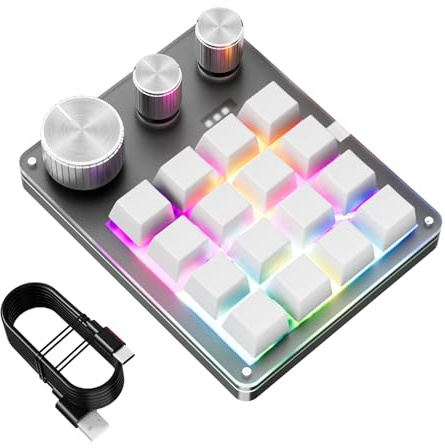 Denash Benutzer Definierte Mechanische Tastatur, Programmier Bares 16-Schlüssel-Macro-Pad mit 3 Knöpfen, Verdrahtete RGB-LED-Hintergrund Beleuchtung Gaming-Tastatur für die Arbeit, (White)