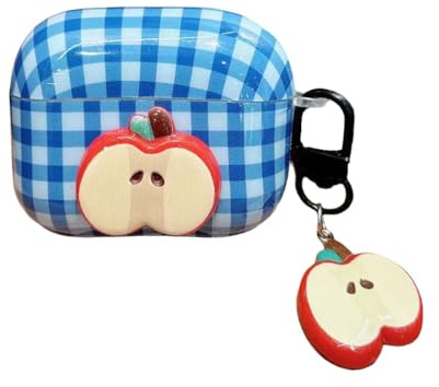 eglixu Custodia per AirPods Pro 3 (2025), motivo cartone animato blu a scacchi 3D con mele e ciliegie, gatto e pomodoro, design creativo, custodia IMD per AirPods Pro 3, custodia per auricolari per