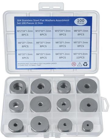 SZWLJ 100 Pièces De Rondelles En Acier Inoxydable 304 | 12 Tailles (M3/M4/M5/M6/M8/M10/M12) - Set De Rondelles Métal Pour Vis Et Gonds De Porte, Diy & Maison.