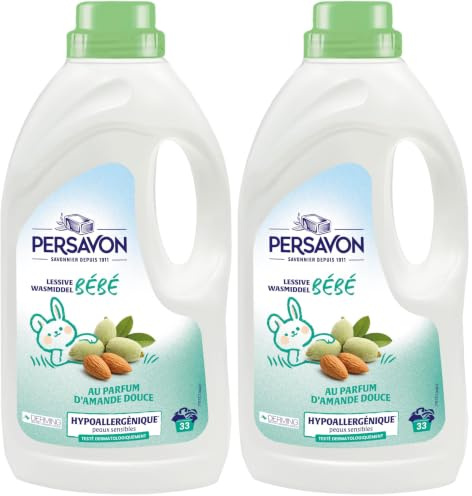 Persavon - Lessive Bébé, à l'Extrait d'Amande Douce BIO, Hypoallergénique, Peaux Sensibles, Sans Colorant, 33 Lavages - 1500 ml (Lot de 2)