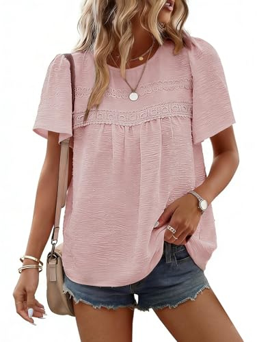 CMTOP Chemisier Femme Ete Blouse Manches Courtes Col Rond Tunique Chic et Elegant Haut Bohème Dentelle Fluide Tops Lâche Décontracté Blouse