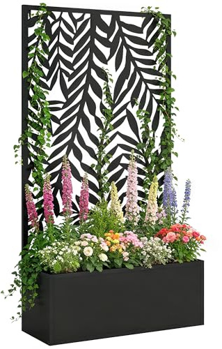 Outsunny Jardinière avec brise-vue - Avec treillis - Motifs feuilles tropicales - 61 x 23 x 113 cm - En métal - Pour jardin, balcon, terrasse - Noir