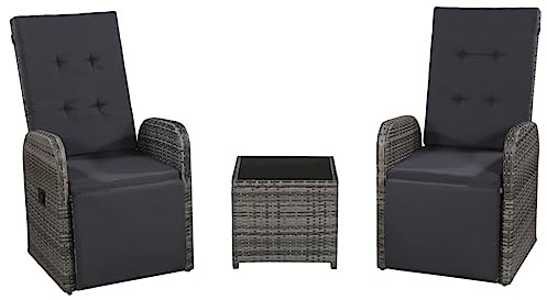 Foknhdi 3-TLG. Bistroset Polyrattan Grau, verstellbare Stühle mit 4 cm Auflagen, Glastisch 45x45 cm, Terrasse Garten