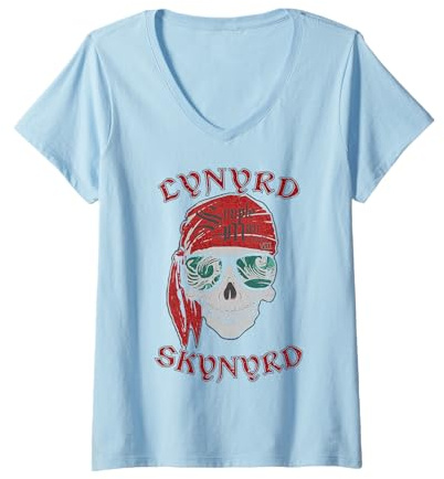 Femme Lynyrd Skynyrd Pochoir Crâne Simple Man Rock Retro Pirate T-Shirt avec Col en V