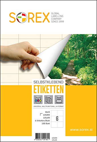 Sorex 105x99,1 mm Universal Etiketten Selbstklebend Weiß für alle Drucker, 100 Blatt DIN A4, Premium Aufkleber, Starke Klebekraft, Barcode, Adressetiketten, Live Geschnitten, 6 Etiketten/Blatt