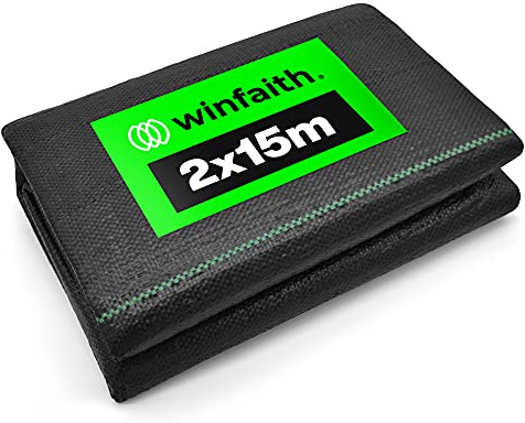 Winfaith Telo Pacciamatura Anti Erbacce per Orto Giardino 100 g/m² - Nero in Polipropilene - Permeabile Resistente allo Strappo Protegge dai Raggi UV - Serre Aiuole Sentieri - 2m x 15m Piegato