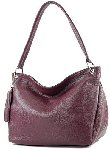 modamoda de - T154 - ital Schultertasche Umhängetasche aus Leder, Farbe:Bordeauxviolett