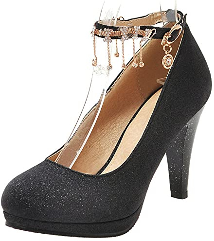 Chaussures de Fête Femme, Escarpins Cônique Elegant Chaussures de Mariage Talons Hauts Bout Rond Bride Cheville avec Plateforme Briller Noir Taille 46 EU