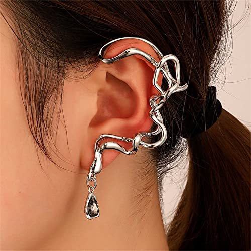 Inateannal Silver Ear Cuff Pendiente irregular Lágrima Cuelga Pendiente Punk Ear Wrap Crawler Pendiente Personalidad Clip de oreja no perforado Joyas para mujeres Niñas