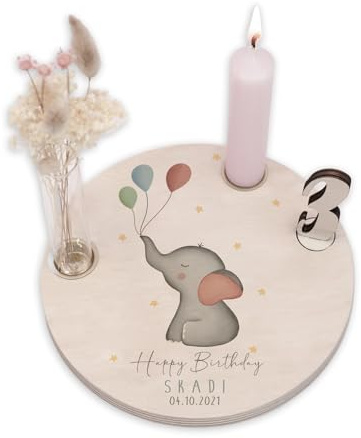 Personalisierter Geburtstagsteller aus Holz mit Kerzenhalter, Vase & Jahres Zahlen - Geburtstagsdeko mit Name - 1. Geburtstag Baby & Kinder Geschenk - ⌀16 cm x 12mm - hellomini (Elefant)