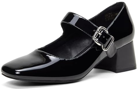 GENSHUO Escarpins Mary Jane à Talons Bas et Épais pour Femmes, Bout Carré Fermé, Bride à la Cheville, Parfait pour Le Bureau et l'Église, Noir, 36 EU