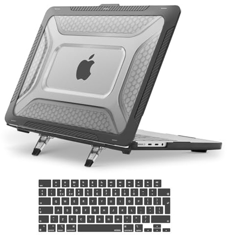 MOSISO Kompatibel mit MacBook Pro 14 Zoll Hülle 2026-2021 M5 M4 M3 M2 M1 A3427 A3426 A3434 A3112/3185/3401/2918/2992, Wabenstruktur TPU-Stoßfänger Hartschale Klappständer&Tastaturschutz, Schwarz
