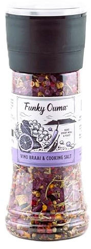Funky Ouma Vino BBQ Salt 310g | Red Wine Sea Salt Grinder Seasoning | Red wine infused sea salt, built in grinder, South African braai seasoning, mixed herbs, no MSG, gluten free