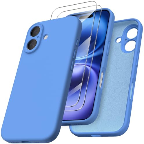 ORNARTO for iPhone 16 Case with 2 Screen Protectors-Sky Blue | 6.1,Includes 2 Tempered Glass,Full Body Protection,Soft Liquid Silicone,Camera & Screen Protection,Non-Slip Grip