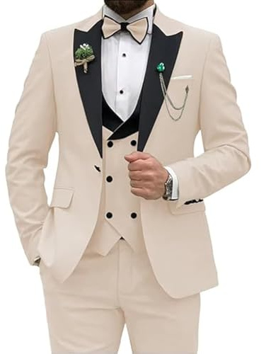 Traje ajustado de 3 piezas para hombre, traje de boda, fiesta, graduación, chaqueta de un botón, chaleco y pantalones, beige, XXL