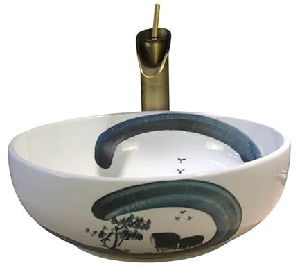 WANSLO Vessel Sink Washbasin Antique Hand-painted Round Ceramic Art Basin Home Washbasin Bathroom Countertop Basin Bathroom Vanity