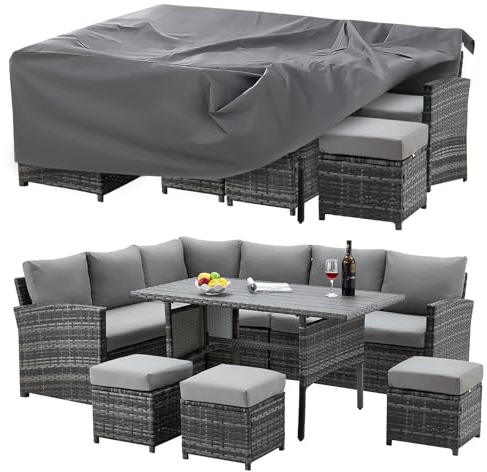 U-MAX 7 Pieces Patio Furniture Set with Waterproof Cover, Outdoor Sectional Sofa Conversation Set, All Weather Wicker Rattan Dining Table & Chair with Ottoman, Grey Rattan&Grey Cushion