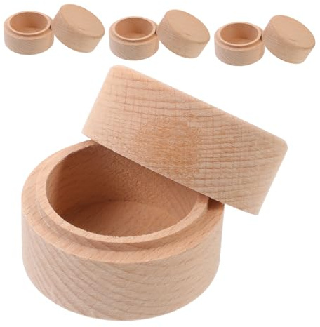 WEKADRIN Lot de 4 boîtes à bijoux rondes en bois de hêtre avec couvercle, protection contre la poussière, l'humidité, rangement polyvalent pour les dents de bébé, bagues et petits objets