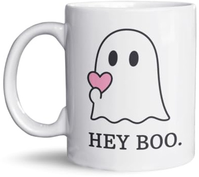 Hey Boo Ghost Mug – Taza de café de Halloween linda para las mujeres y amantes del café – Spooky Ghost Cup with Pink Heart – Taza de otoño divertido – Cozy Otoño Aesthetic Ceramic Cup – Regalo para