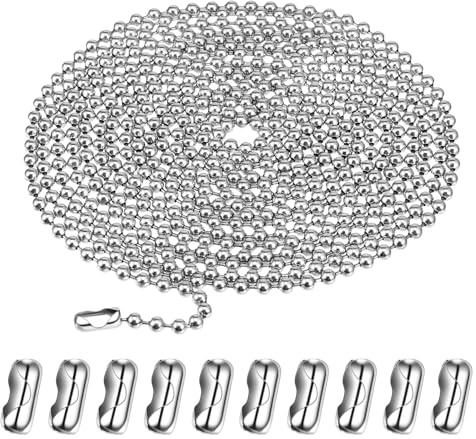 3 Meter/10 Feet Roller Blind Chain, 4.5mm Stainless Steel Ball Beaded Chain Bead Pull Chains Extension with 10 Pieces Matching Connector for Dog Tag, Jewelry Making Kit, DIY Crafts (Silver)
