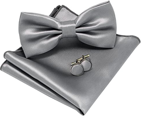 JEMYGINS Fliege Herren Grau 3 Satin Zweifach Gefaltet und Einstecktuch mit Manschettenknöpfe Sets(11)