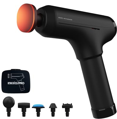 Homedics Pro Power Handheld Physiotherapy Massager Gun - Professional Deep Tissue Physio Massaging Gun, Heated Head to Aid Relief of Muscle Tension, 6 Massage Heads, Cordless, Rechargeable - Black