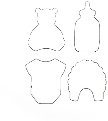 BekkiB 88499 - Set di 4 formine per biscotti Baby – Teddy, biberon, bavaglino e body per neonati, per baby shower