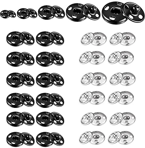 24 Sets Metall-Druckknöpfe zum Annähen, Schwarz / Silber, Druckknöpfe für Geldbörse, Handtasche, Kleidung, Nähen, Handwerk, Heimwerkerbedarf (7 mm, 9 mm, 12 mm, 14 mm, 15 mm)