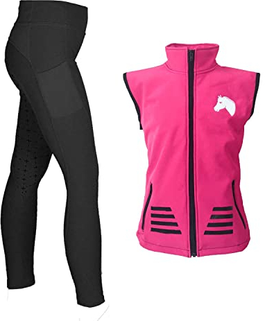 MS-Trachten Reitset Kinder Reitweste Softshell Juli Pink mit Silikon-Vollbesatz Reitleggings Schwarz (122/128)