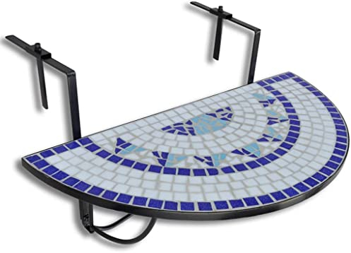 Makastle Balkonhängetisch in Blau und Weiß - Balkontisch zum Einhängen aus Metallrahmen und Mosaik, Klapptisch Kleiner Balkon Hängetisch, witterungsbeständig Outdoor Tisch 76 x 56 x 64 cm
